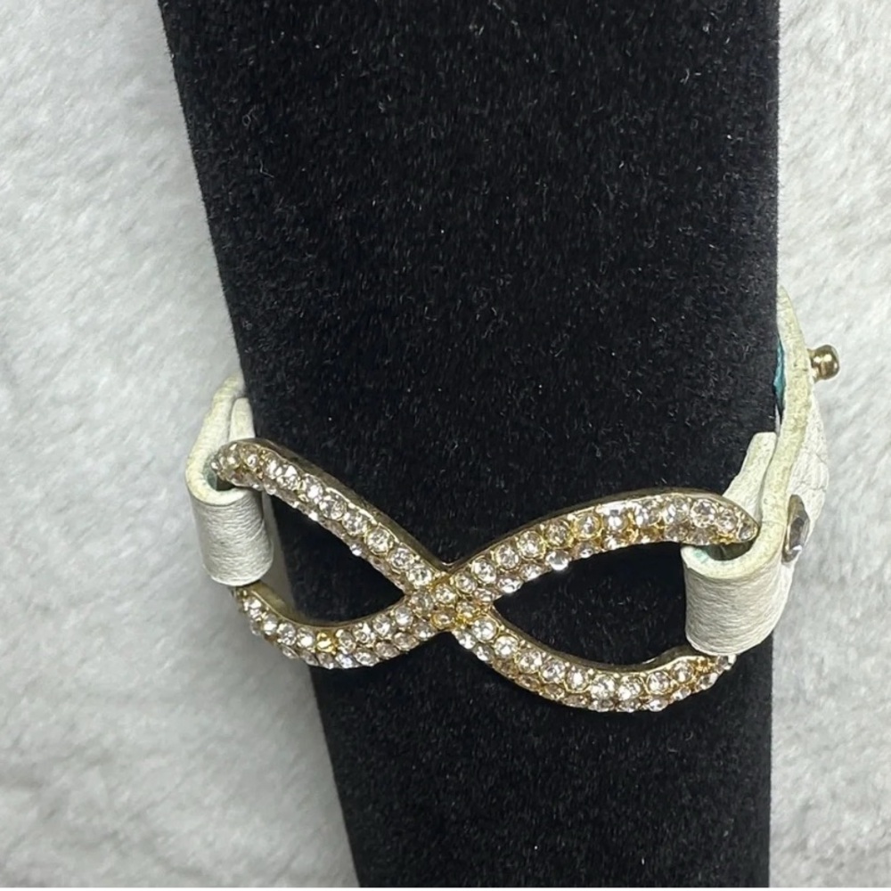 White Leather Bracelet with Gold Crystal Infinity Accent